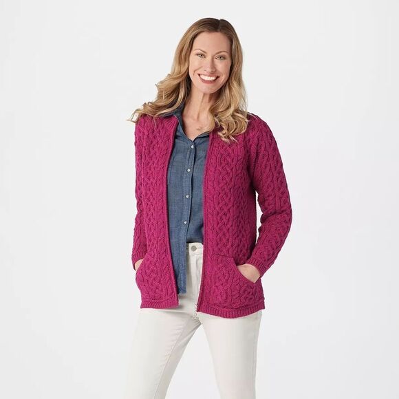 Aran Crafts Full Zip Sweater Cardigan Jacket 100% Merino Wool Ireland Large - Picture 1 of 7
